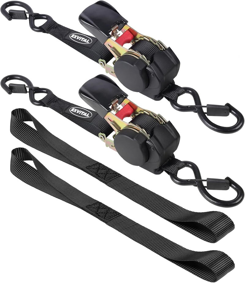EXVITAL Retractable Ratchet Straps Havy Duty 1200lbs Break Strength Retractable tie Down Straps Auto self retracting Ratchet Straps for Truck, Cargo Trailer, Motorcycle,1“×12ft Black - Image 1